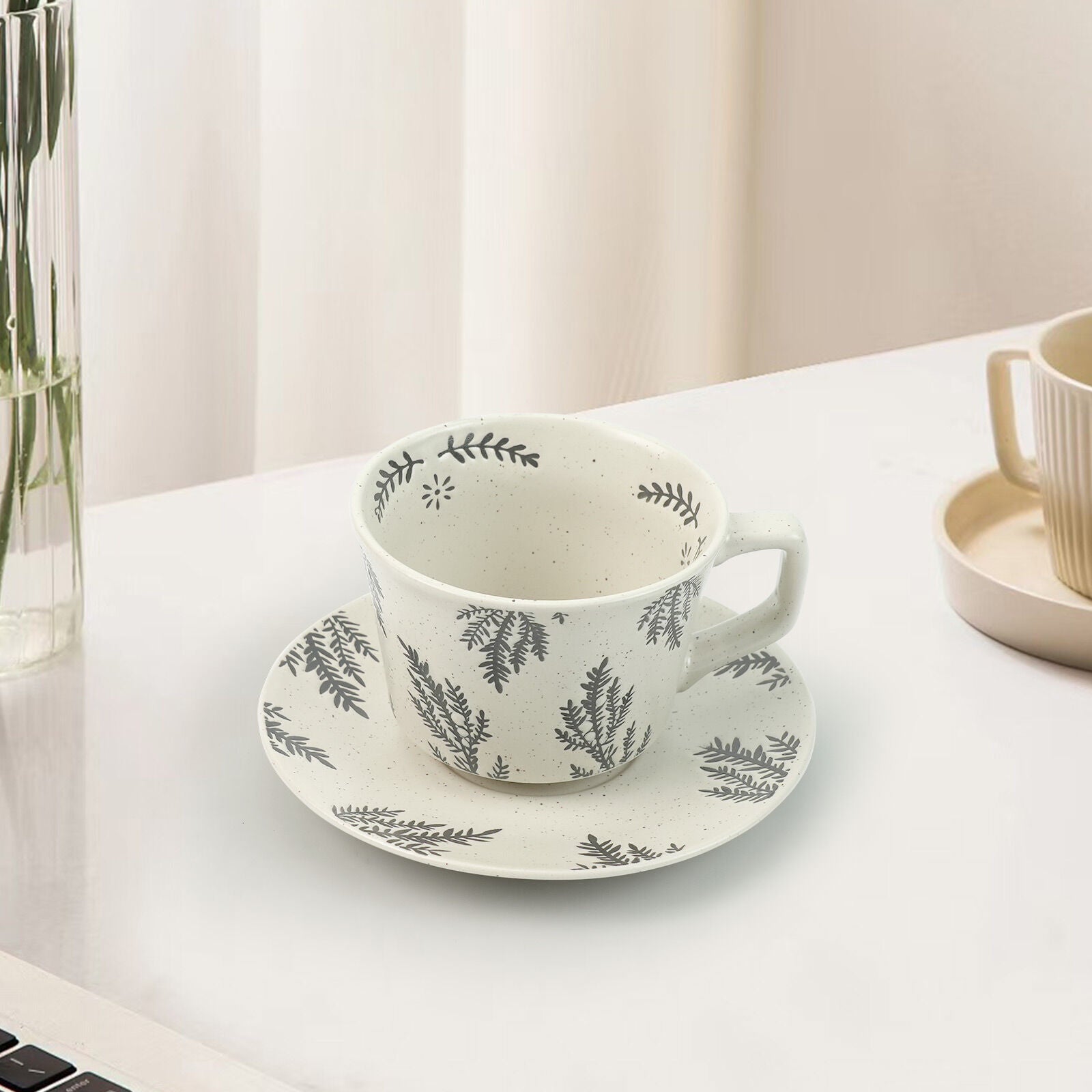 Earthy Grey Ceramic Cup & Saucer Set 380ml with Spoon - Floral Design - SuperSaverAU - view 2