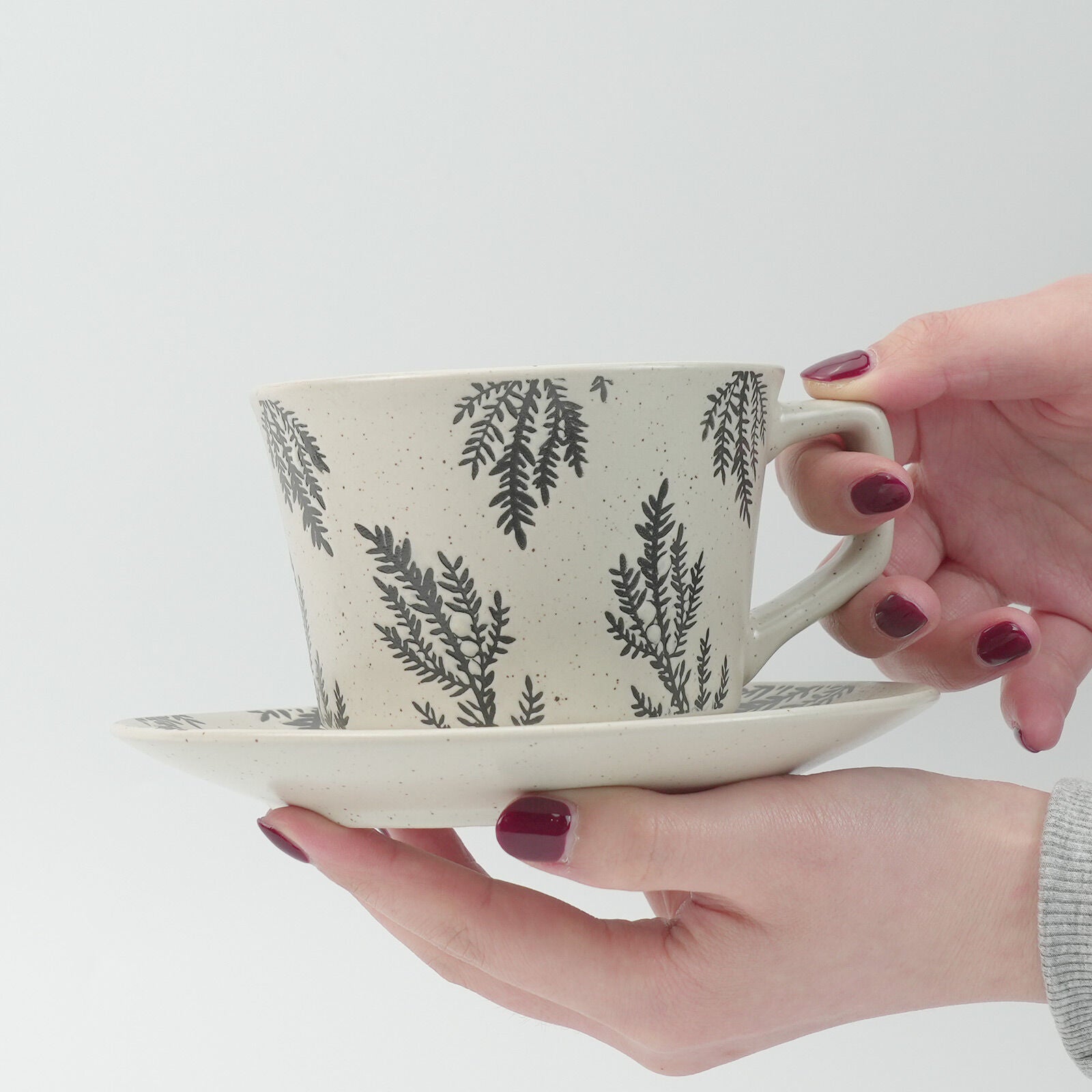 Earthy Grey Ceramic Cup & Saucer Set 380ml with Spoon - Floral Design - SuperSaverAU - view 4