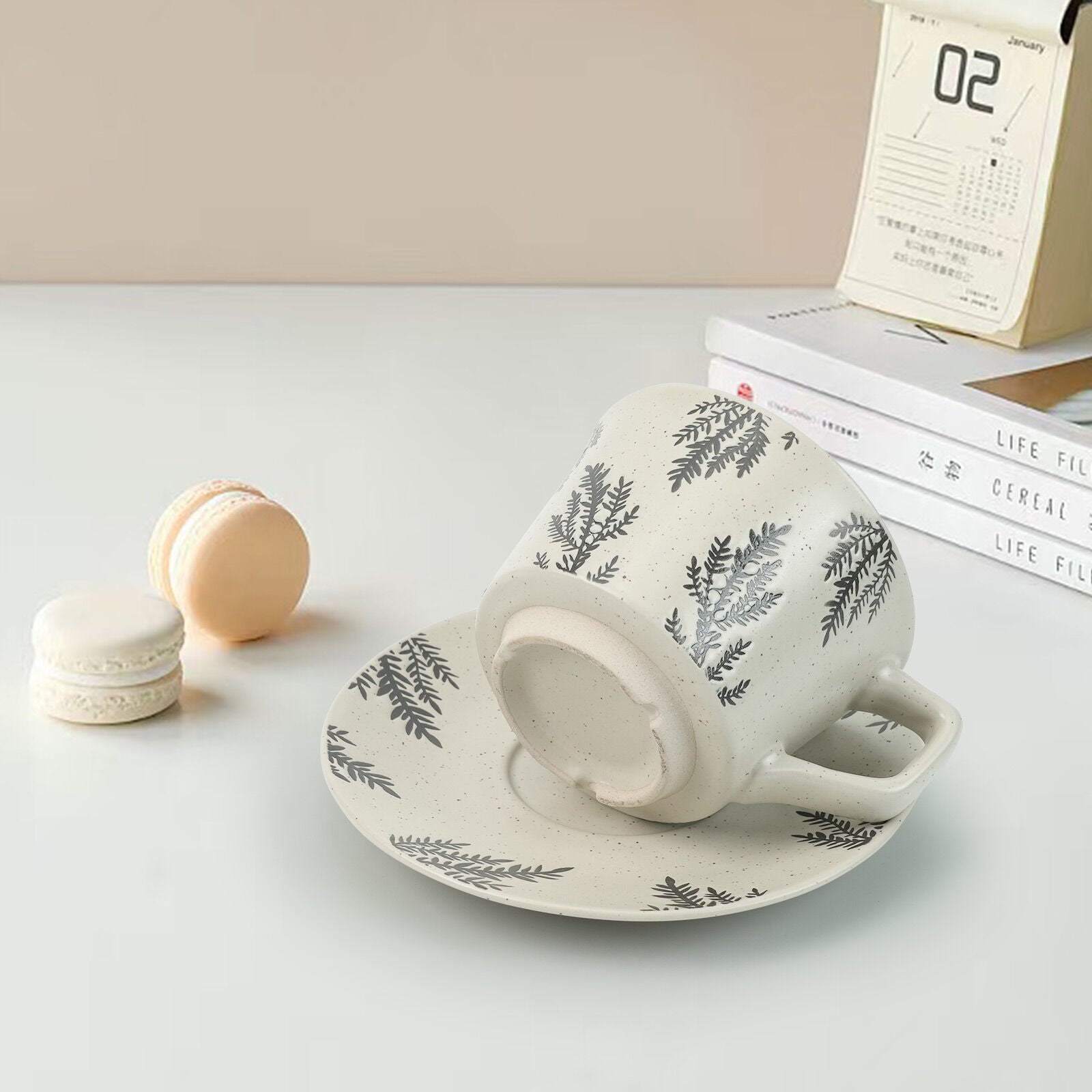 Earthy Grey Ceramic Cup & Saucer Set 380ml with Spoon - Floral Design - SuperSaverAU - view 5