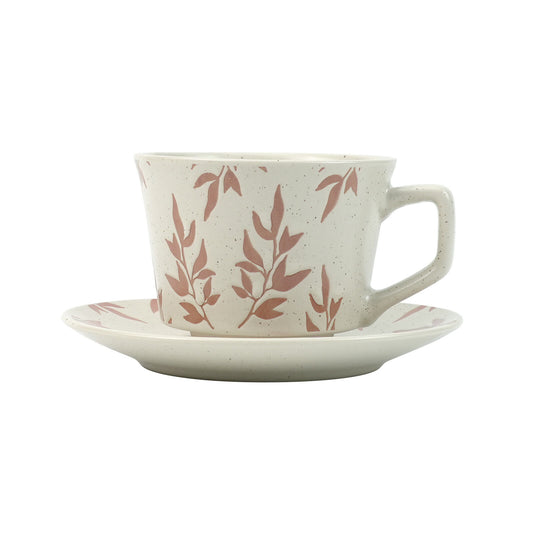 Earthy Red Ceramic Cup & Saucer Set 380ml with Spoon - Floral Design