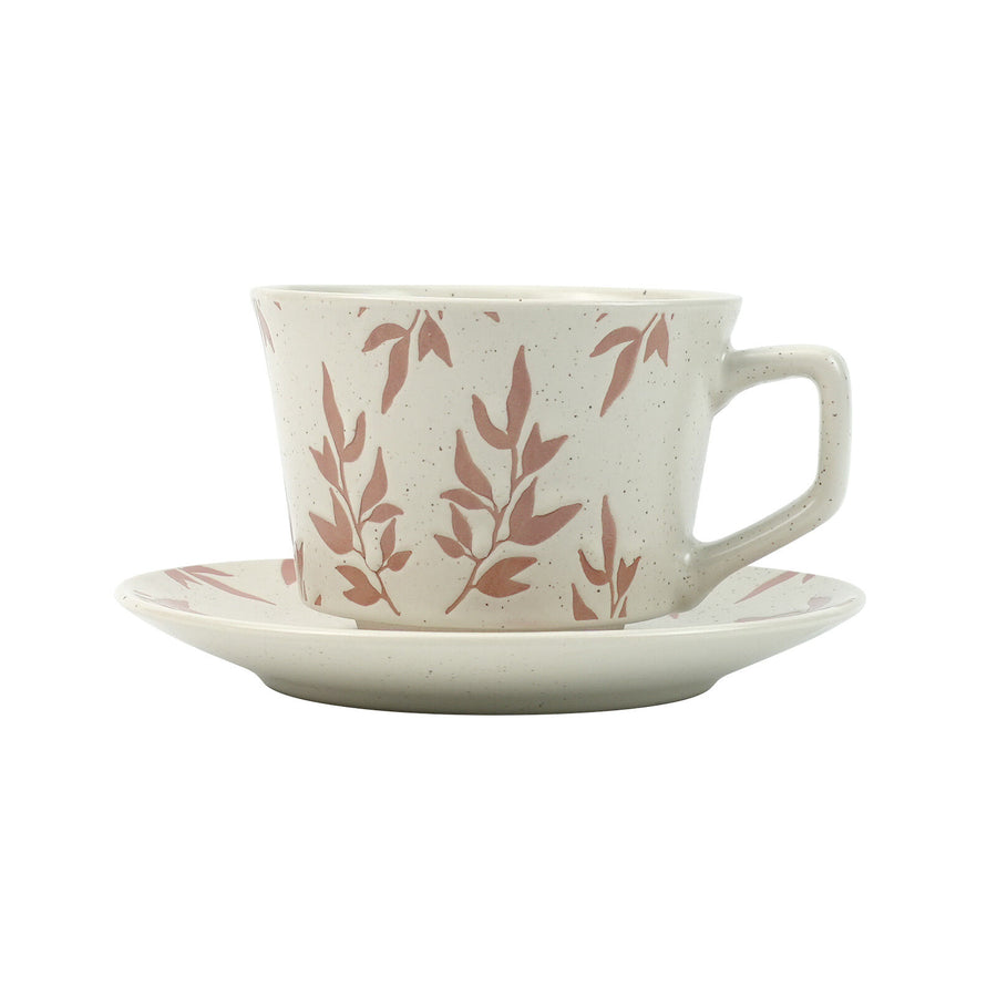 Earthy Red Ceramic Cup & Saucer Set 380ml with Spoon - Floral Design - SuperSaverAU - view 1