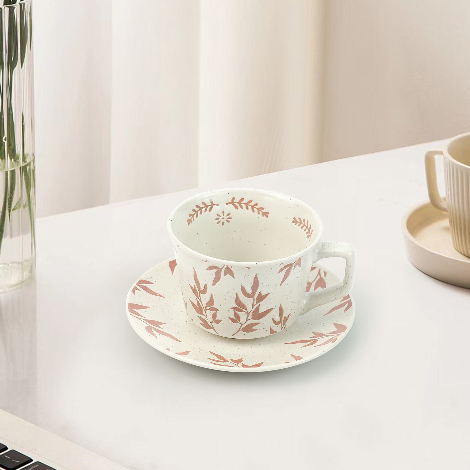 Earthy Red Ceramic Cup & Saucer Set 380ml with Spoon - Floral Design - SuperSaverAU - view 2