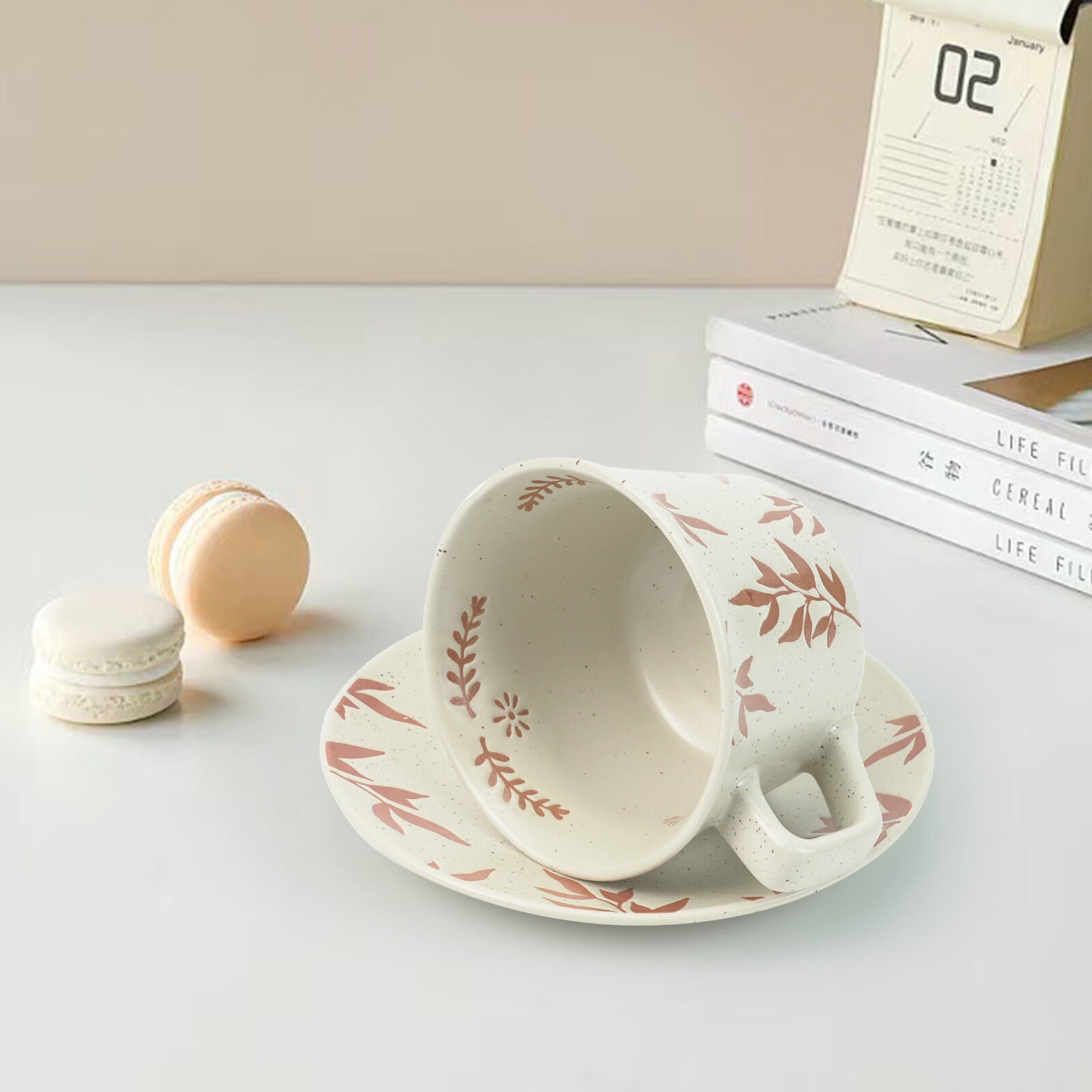Earthy Red Ceramic Cup & Saucer Set 380ml with Spoon - Floral Design - SuperSaverAU - view 5
