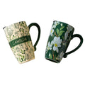 2X High-Fired Ceramic Porcelain Mug with Travel Lid 600ml - Vintage Floral, Green - SuperSaverAU - view 1