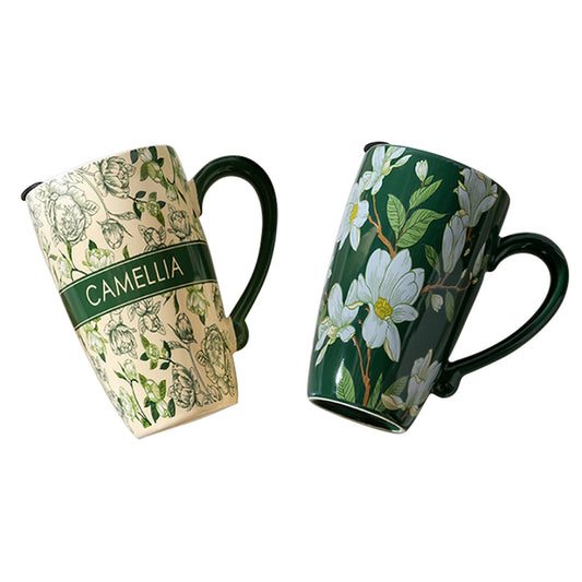 2X High-Fired Ceramic Porcelain Mug with Travel Lid 600ml - Vintage Floral, Green