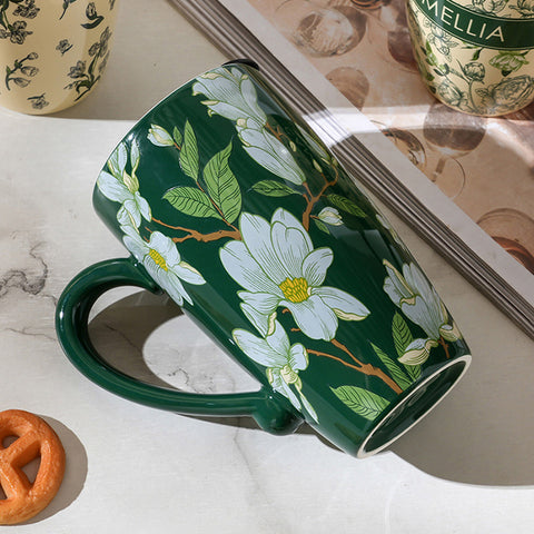 2X High-Fired Ceramic Porcelain Mug with Travel Lid 600ml - Vintage Floral, Green - SuperSaverAU - view 2