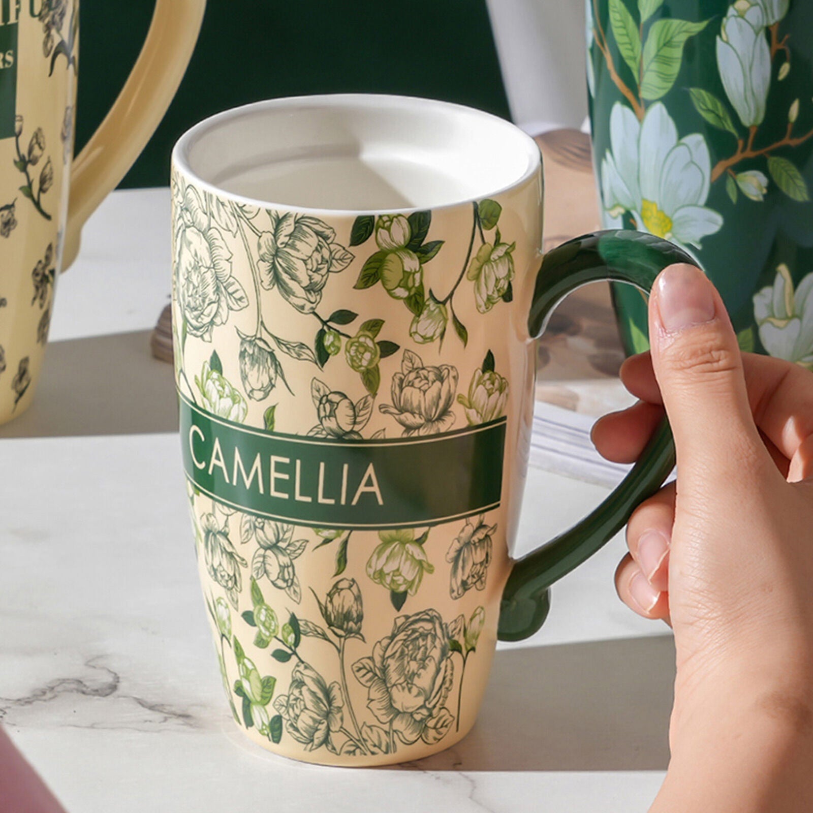 2X High-Fired Ceramic Porcelain Mug with Travel Lid 600ml - Vintage Floral, Green - SuperSaverAU - view 3