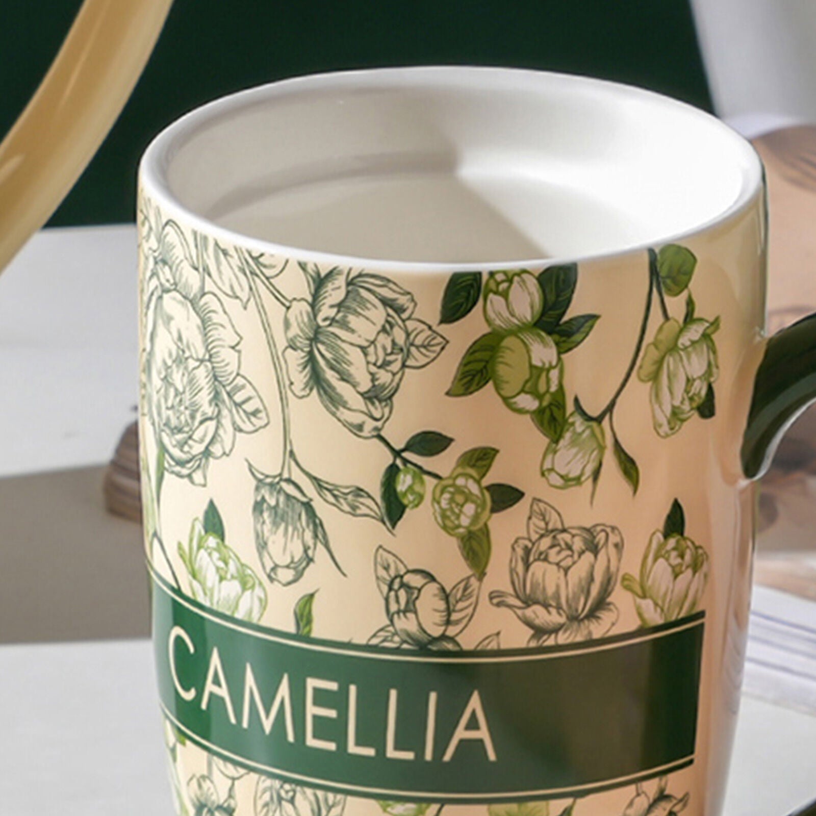 2X High-Fired Ceramic Porcelain Mug with Travel Lid 600ml - Vintage Floral, Green - SuperSaverAU - view 6