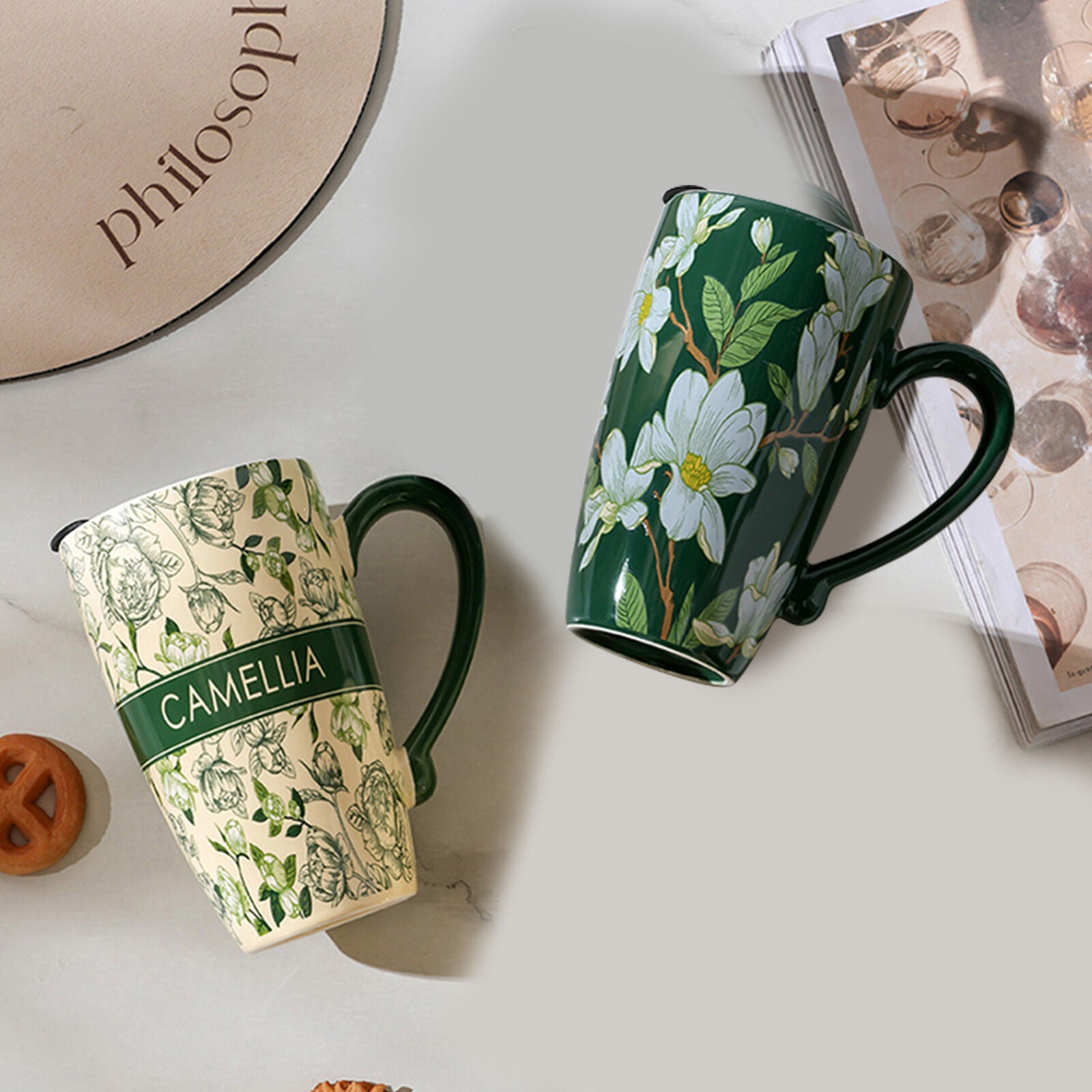 2X High-Fired Ceramic Porcelain Mug with Travel Lid 600ml - Vintage Floral, Green - SuperSaverAU - view 7