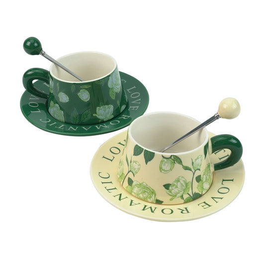 2X High-Fired Ceramic Porcelain Cup & Saucer Set 300ml - Vintage Floral, Green