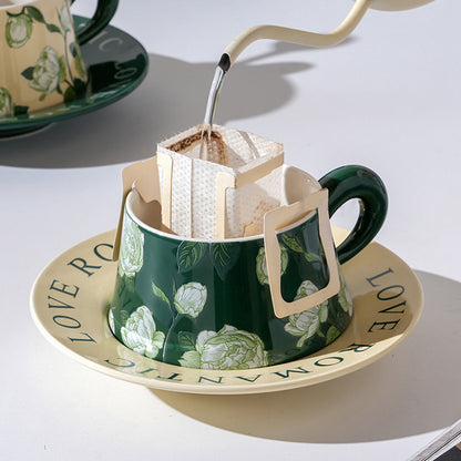 2X High-Fired Ceramic Porcelain Cup & Saucer Set 300ml - Vintage Floral, Green