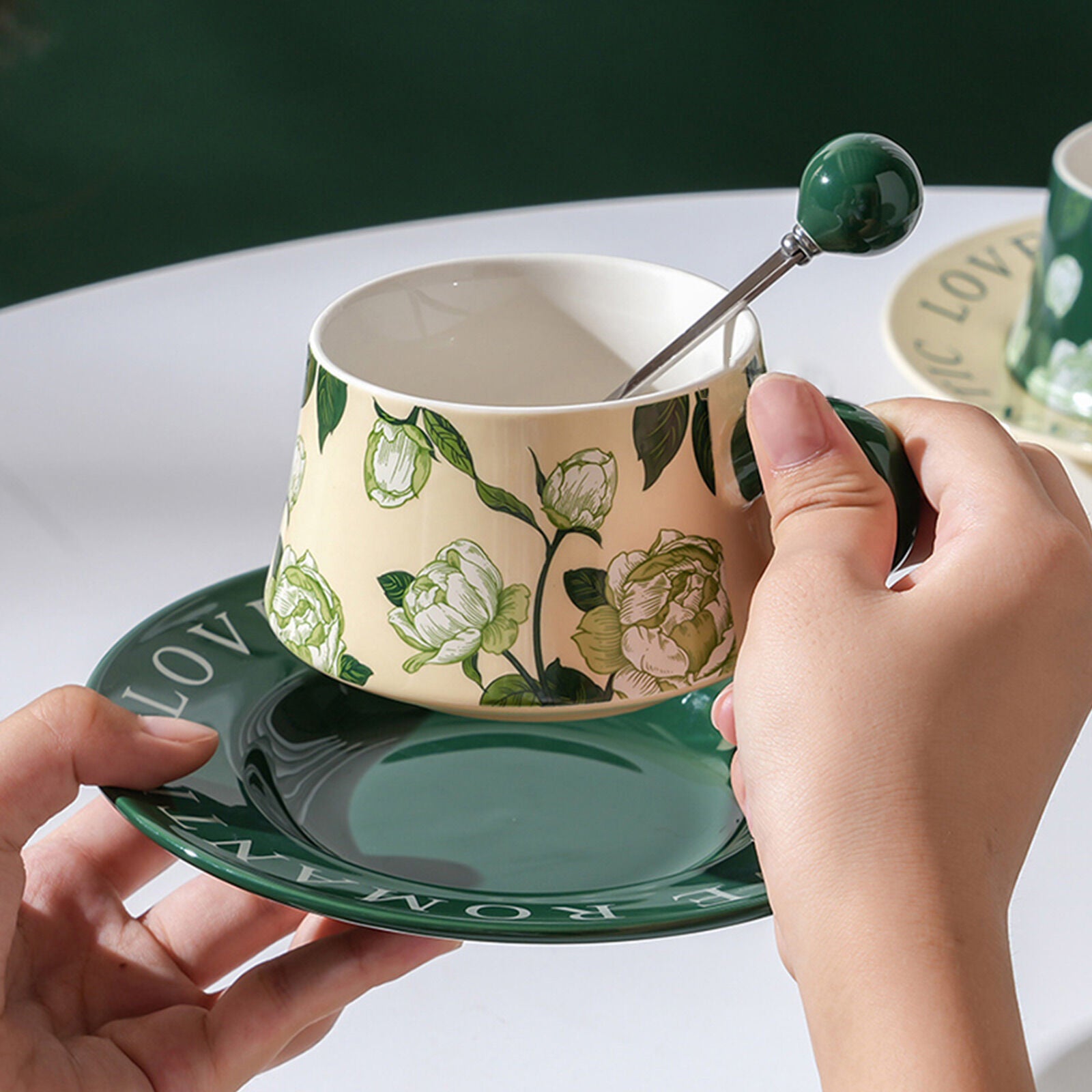 2X High-Fired Ceramic Porcelain Cup & Saucer Set 300ml - Vintage Floral, Green - SuperSaverAU - view 3