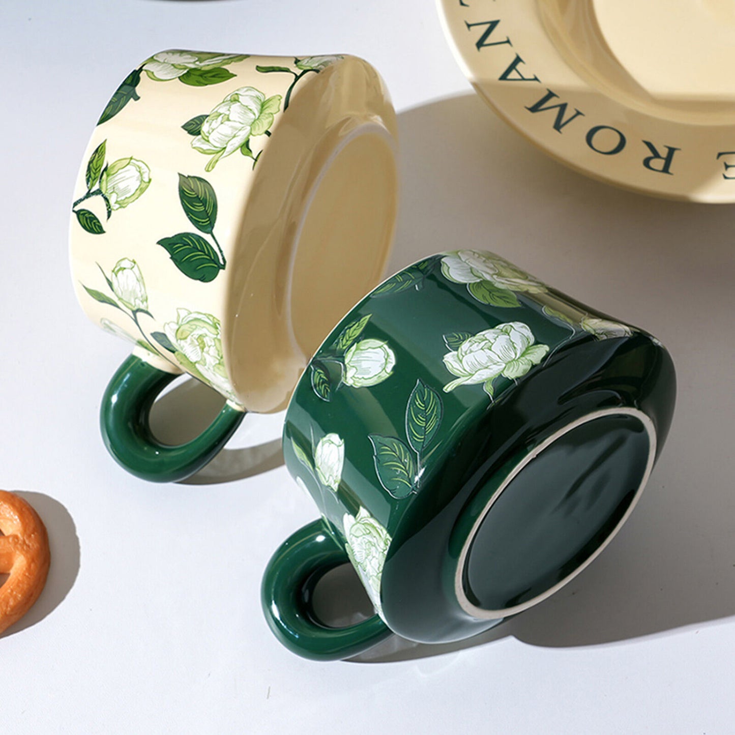 2X High-Fired Ceramic Porcelain Cup & Saucer Set 300ml - Vintage Floral, Green