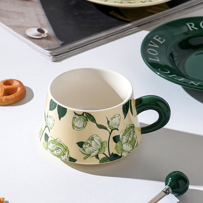 2X High-Fired Ceramic Porcelain Cup & Saucer Set 300ml - Vintage Floral, Green