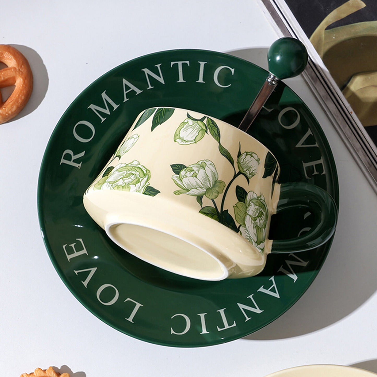 2X High-Fired Ceramic Porcelain Cup & Saucer Set 300ml - Vintage Floral, Green