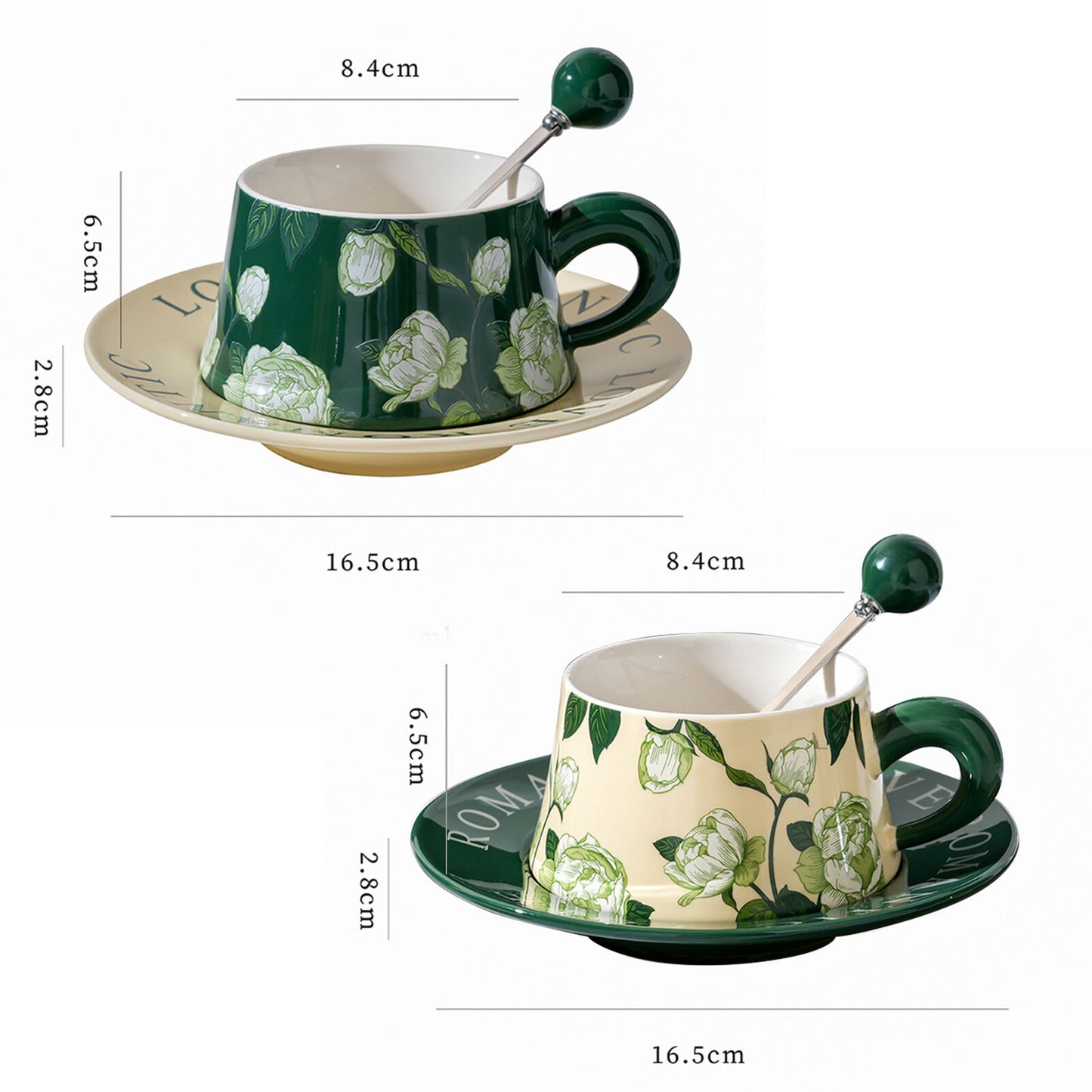 2X High-Fired Ceramic Porcelain Cup & Saucer Set 300ml - Vintage Floral, Green