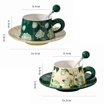 2X High-Fired Ceramic Porcelain Cup & Saucer Set 300ml - Vintage Floral, Green