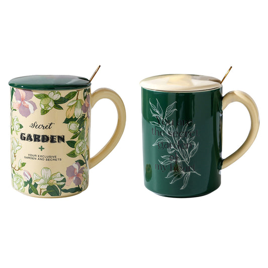2X High-Fired Ceramic Porcelain Mug Set with Lid 400ml - Secret Garden Design, Cream