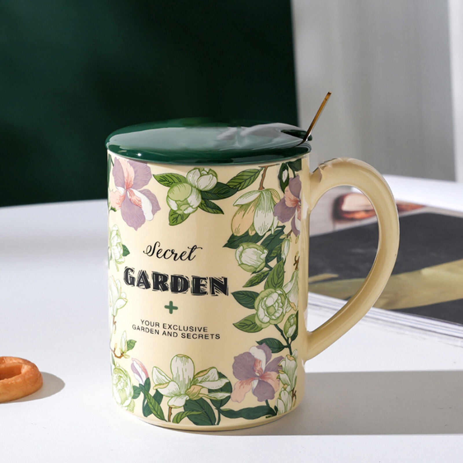 2X High-Fired Ceramic Porcelain Mug Set with Lid 400ml - Secret Garden Design, Cream - SuperSaverAU - view 2