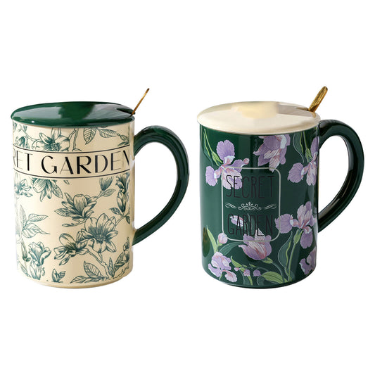 2X High-Fired Ceramic Porcelain Mug Set with Lid 400ml - Secret Garden Design, Green