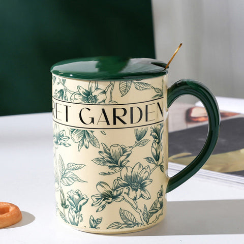 2X High-Fired Ceramic Porcelain Mug Set with Lid 400ml - Secret Garden Design, Green - SuperSaverAU - view 2