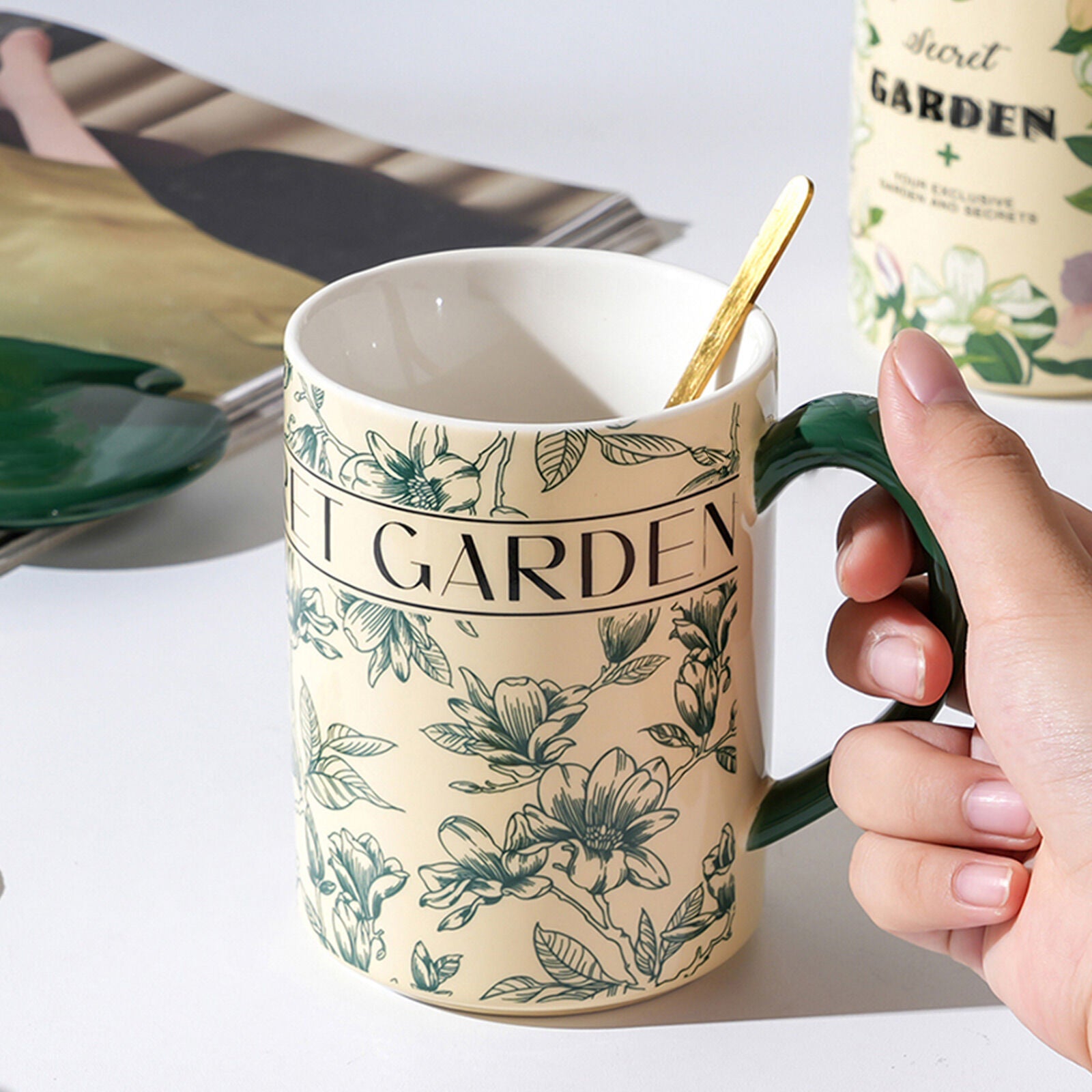 2X High-Fired Ceramic Porcelain Mug Set with Lid 400ml - Secret Garden Design, Green - SuperSaverAU - view 4