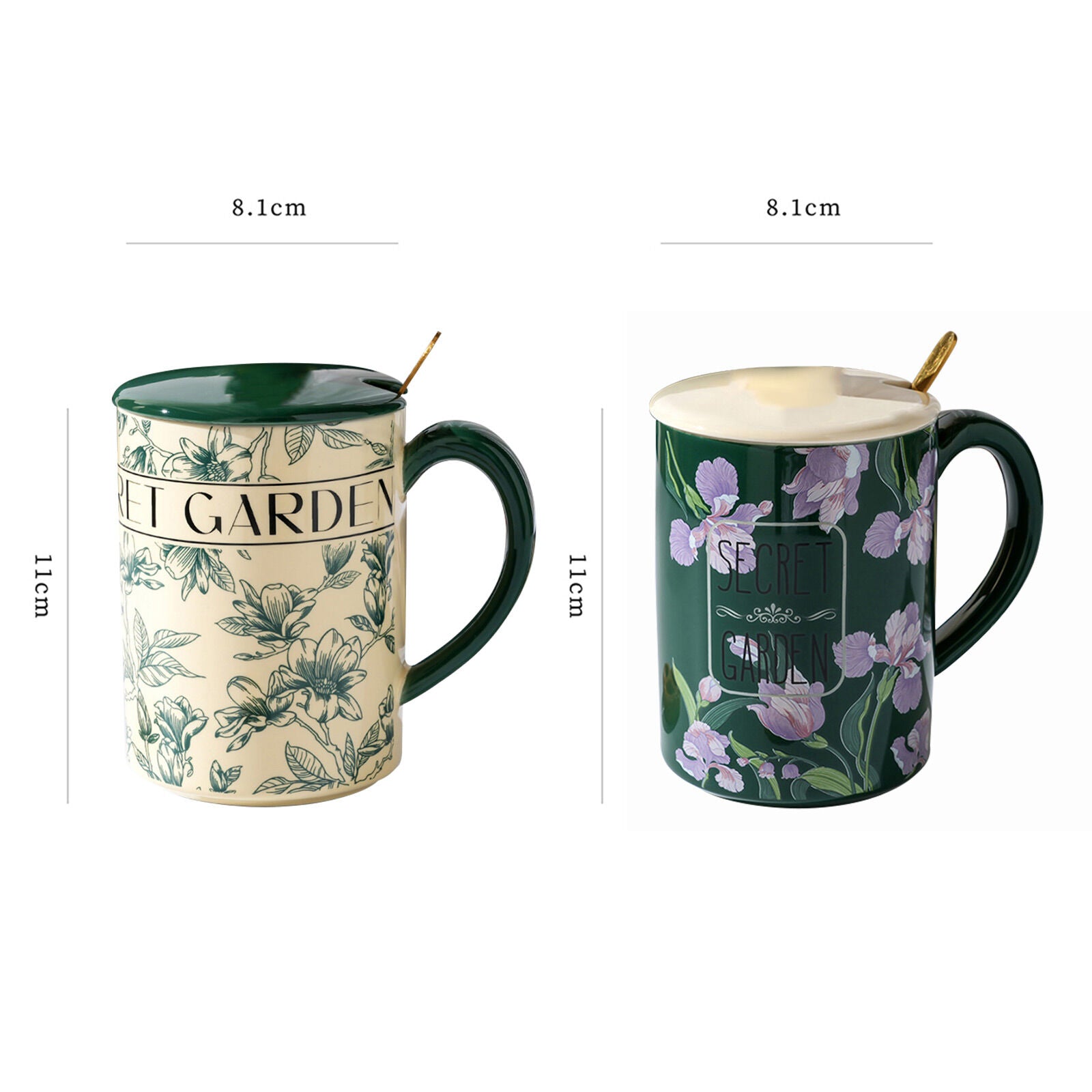 2X High-Fired Ceramic Porcelain Mug Set with Lid 400ml - Secret Garden Design, Green - SuperSaverAU - view 9