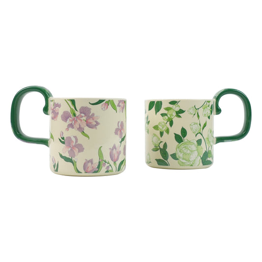 2X High-Fired Ceramic Porcelain Mug Set with Lid 400ml - Vintage Floral, Green