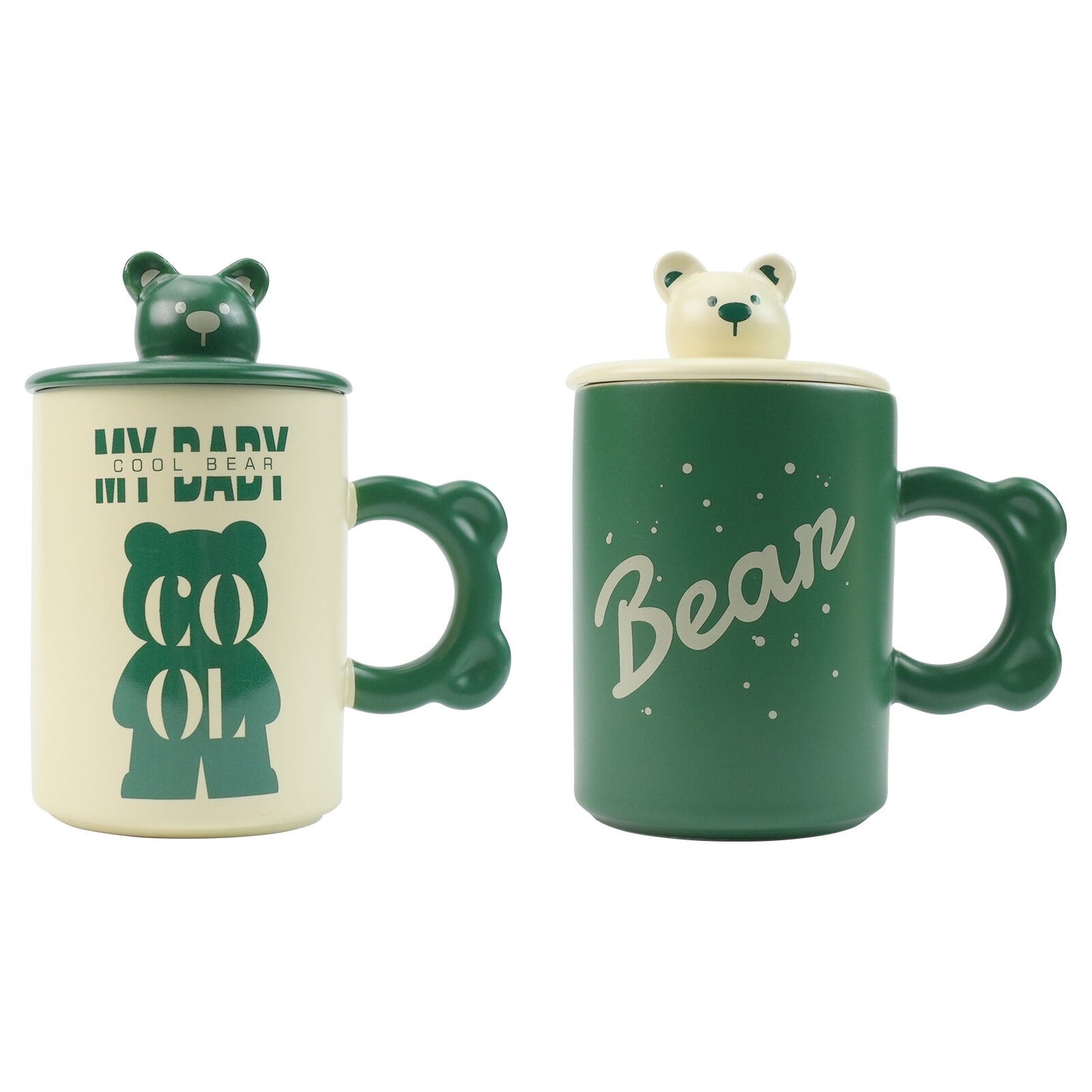 2X High-Fired Ceramic Porcelain Mug Set with Lid 400ml - Bear Design, Green