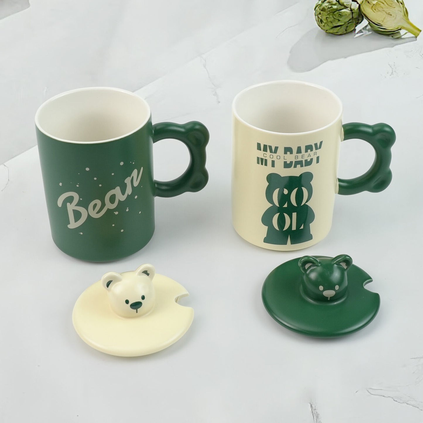 2X High-Fired Ceramic Porcelain Mug Set with Lid 400ml - Bear Design, Green