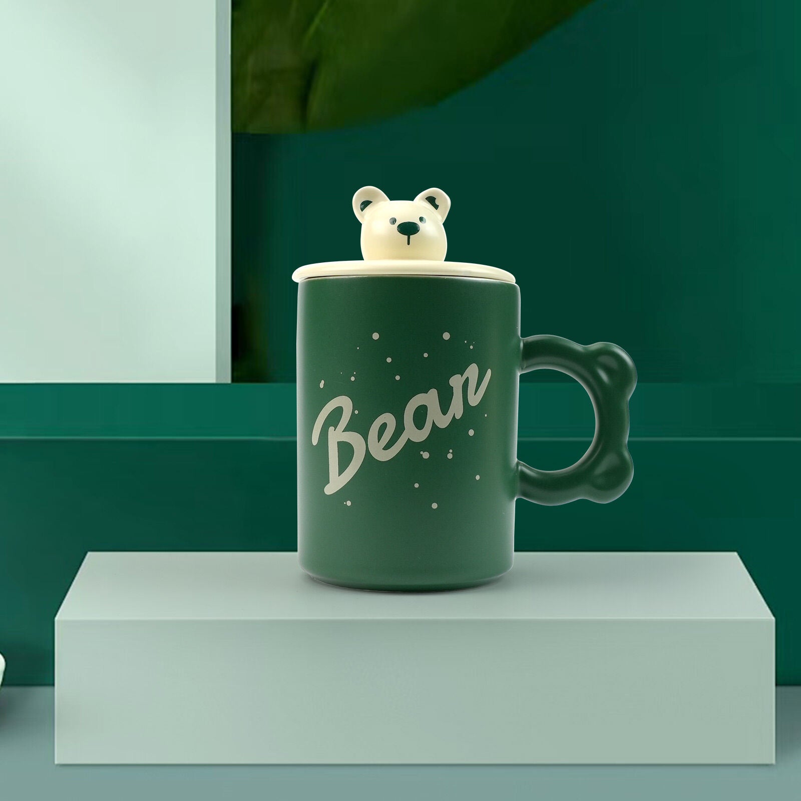2X High-Fired Ceramic Porcelain Mug Set with Lid 400ml - Bear Design, Green - SuperSaverAU - view 3