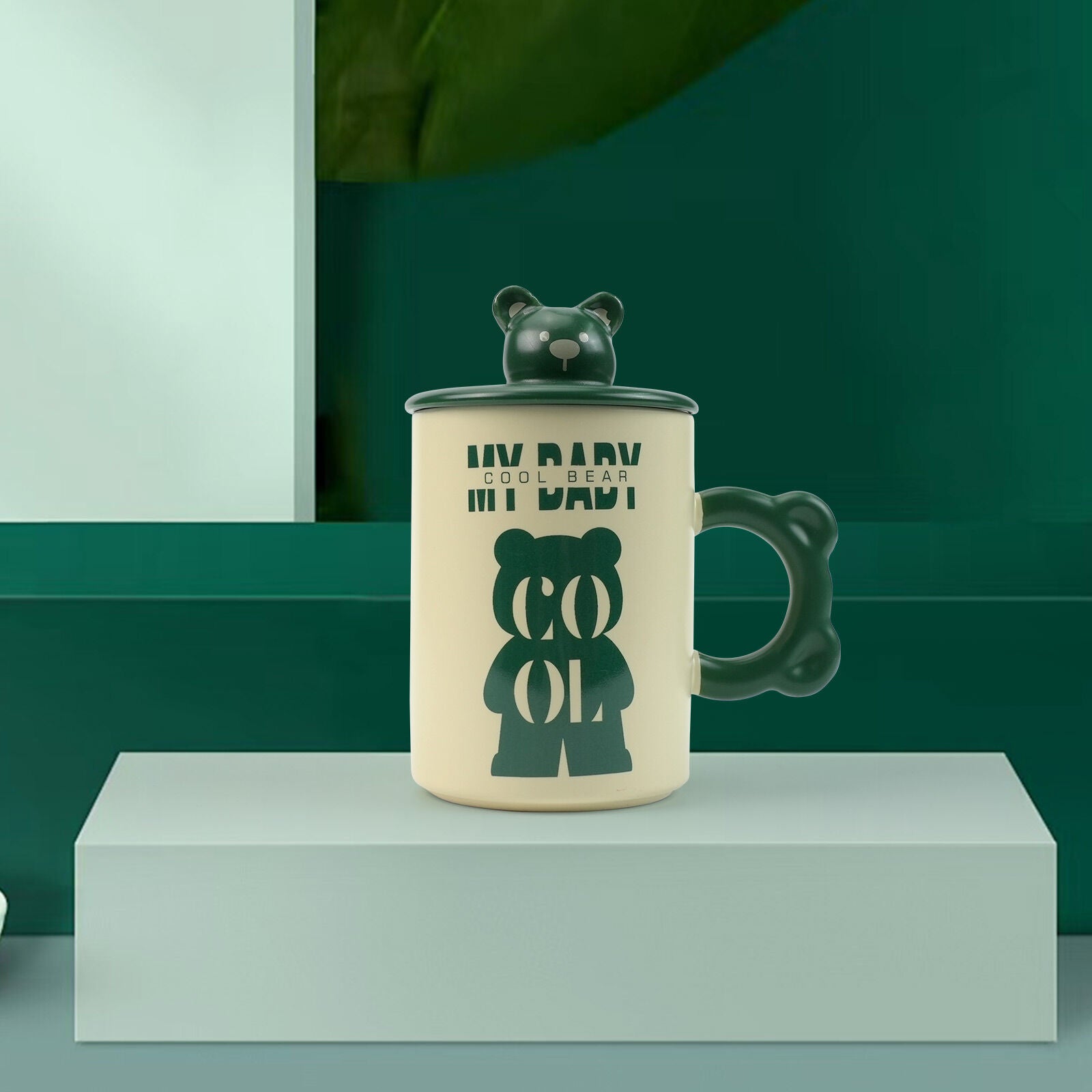 2X High-Fired Ceramic Porcelain Mug Set with Lid 400ml - Bear Design, Green - SuperSaverAU - view 4