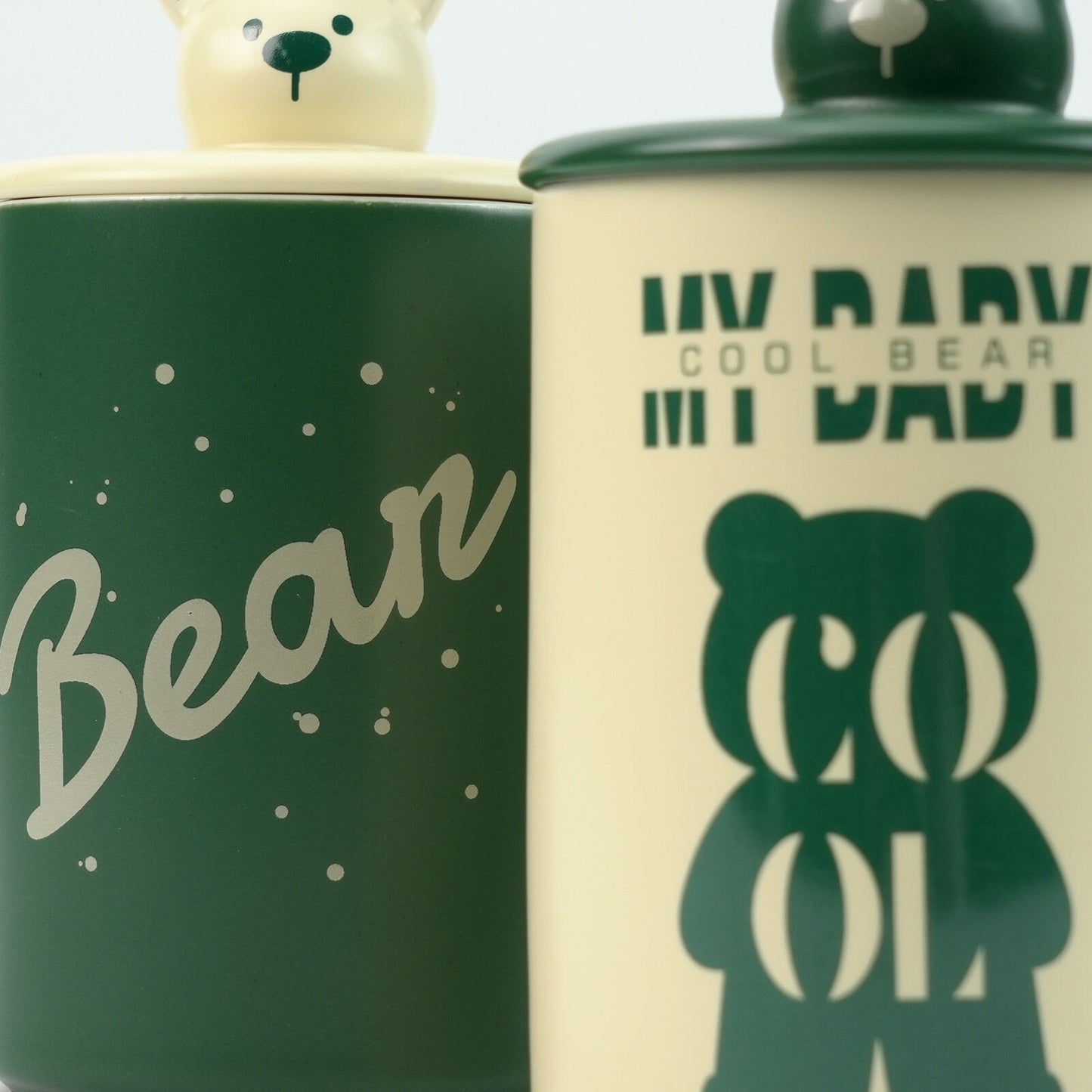 2X High-Fired Ceramic Porcelain Mug Set with Lid 400ml - Bear Design, Green