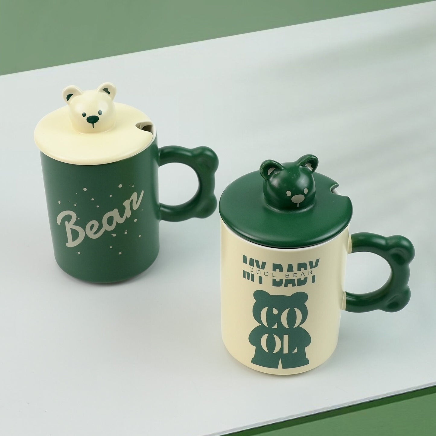 2X High-Fired Ceramic Porcelain Mug Set with Lid 400ml - Bear Design, Green