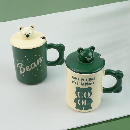 2X High-Fired Ceramic Porcelain Mug Set with Lid 400ml - Bear Design, Green
