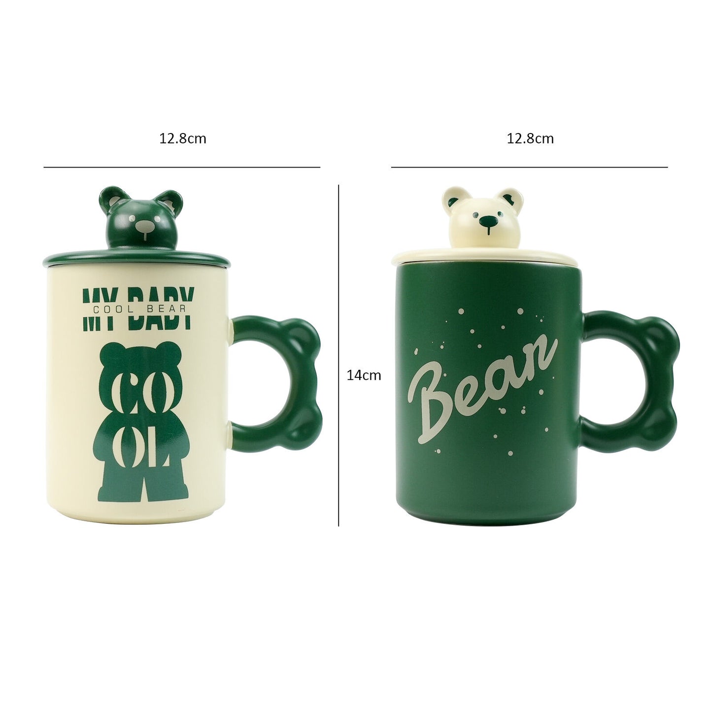 2X High-Fired Ceramic Porcelain Mug Set with Lid 400ml - Bear Design, Green