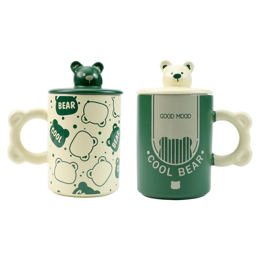 2X High-Fired Ceramic Porcelain Mug Set with Lid 400ml - Bear Design, Green
