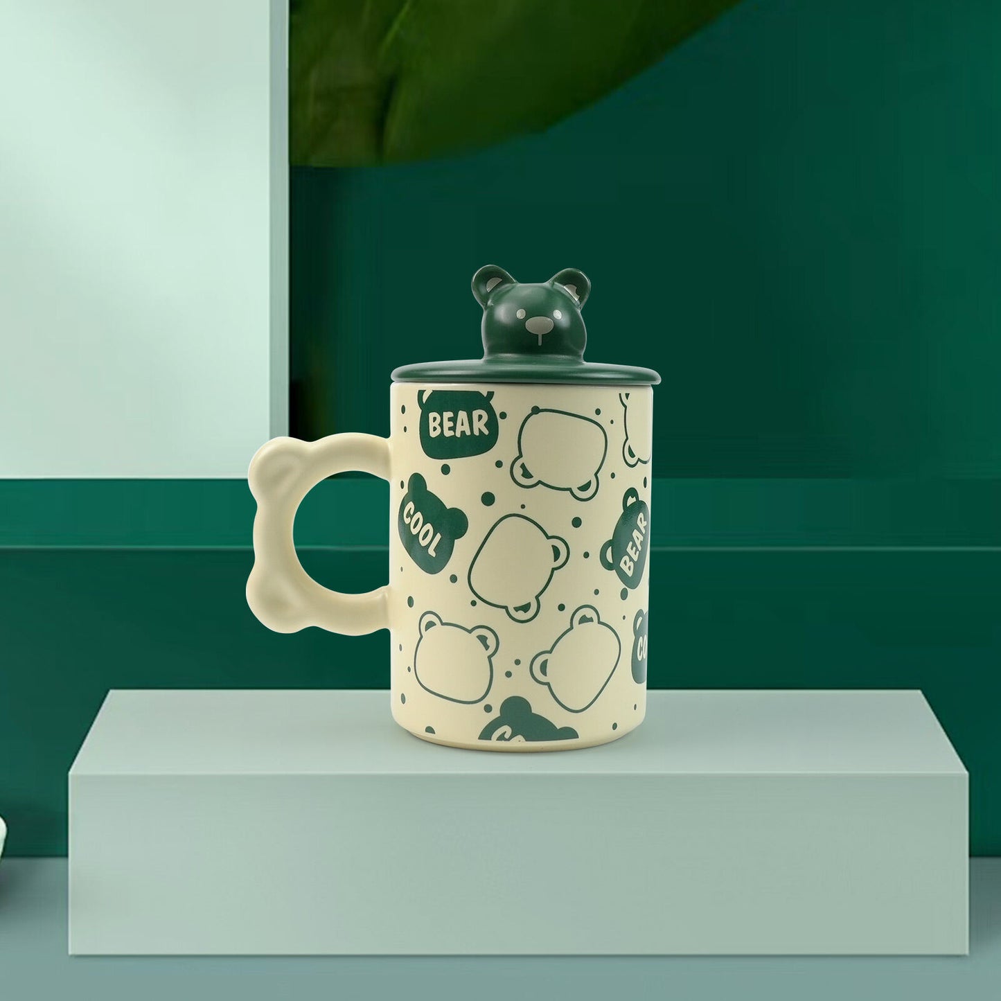 2X High-Fired Ceramic Porcelain Mug Set with Lid 400ml - Bear Design, Green