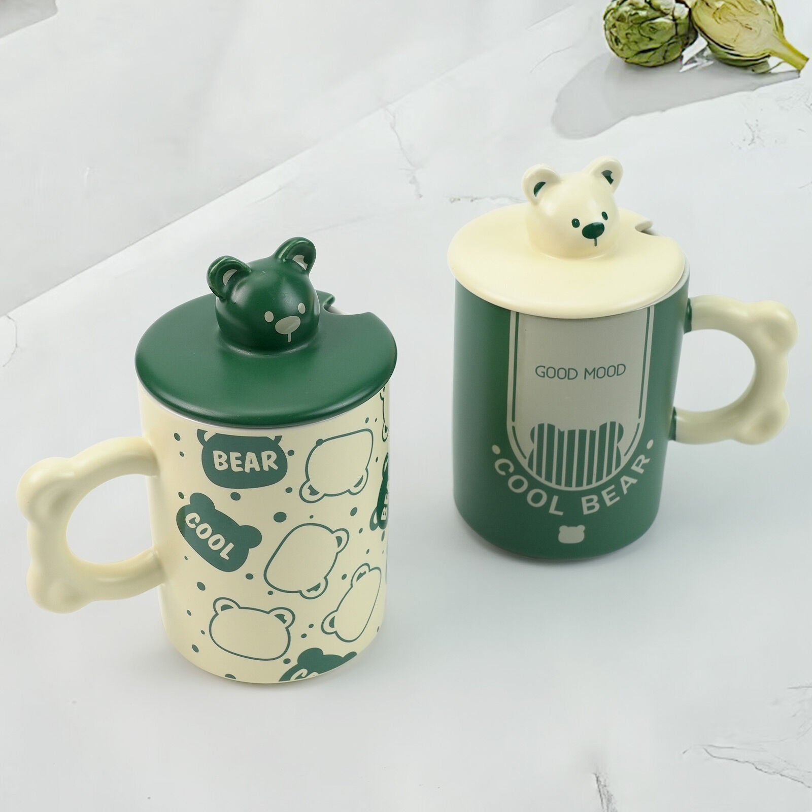 2X High-Fired Ceramic Porcelain Mug Set with Lid 400ml - Bear Design, Green - SuperSaverAU - view 4