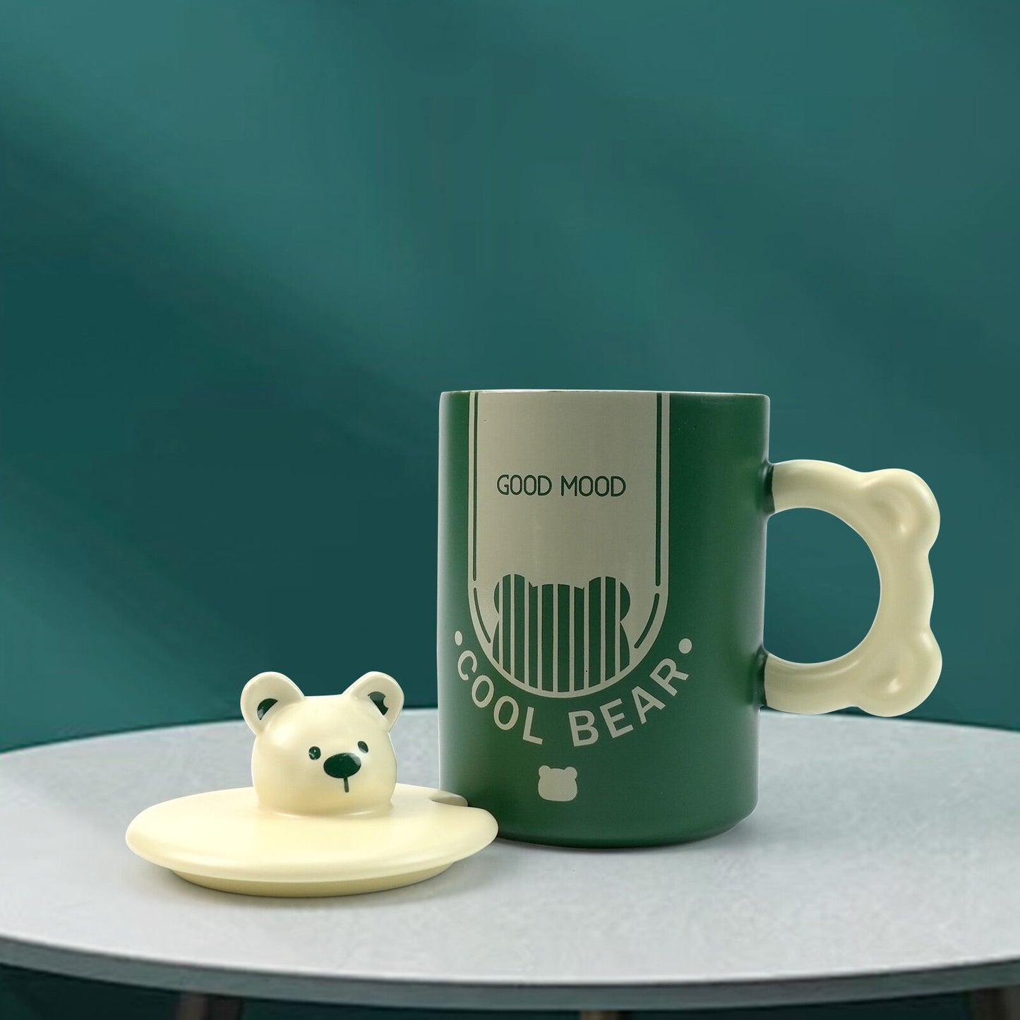 2X High-Fired Ceramic Porcelain Mug Set with Lid 400ml - Bear Design, Green