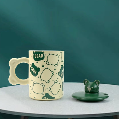 2X High-Fired Ceramic Porcelain Mug Set with Lid 400ml - Bear Design, Green