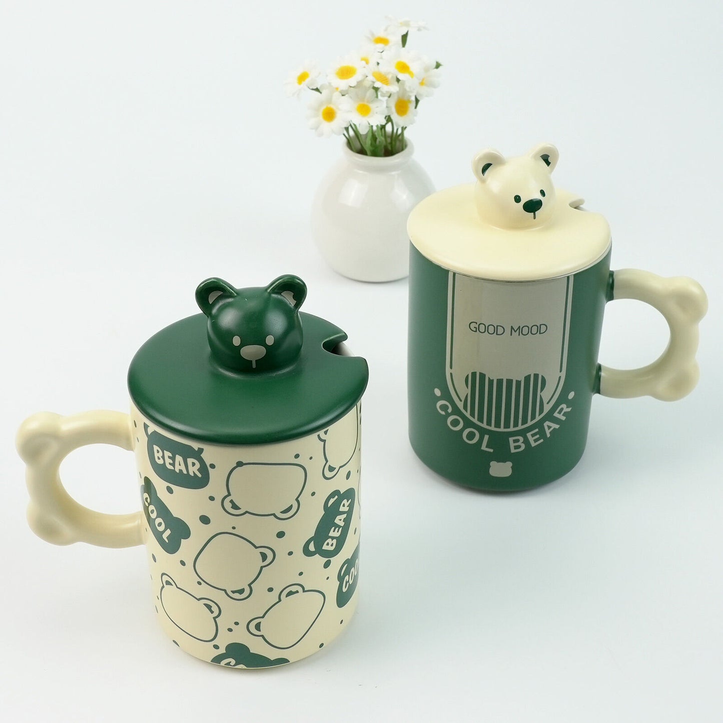 2X High-Fired Ceramic Porcelain Mug Set with Lid 400ml - Bear Design, Green