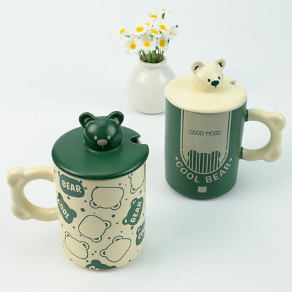 2X High-Fired Ceramic Porcelain Mug Set with Lid 400ml - Bear Design, Green