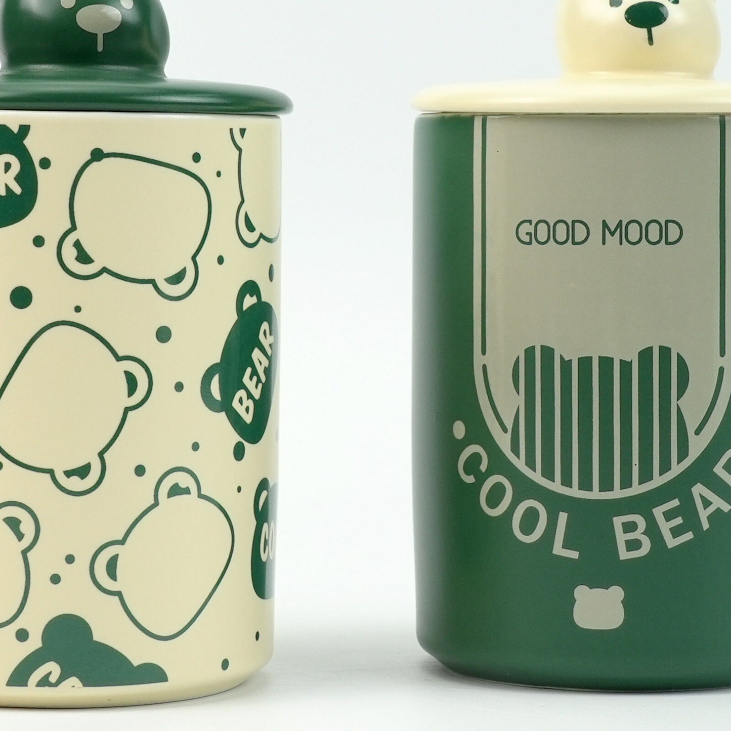 2X High-Fired Ceramic Porcelain Mug Set with Lid 400ml - Bear Design, Green
