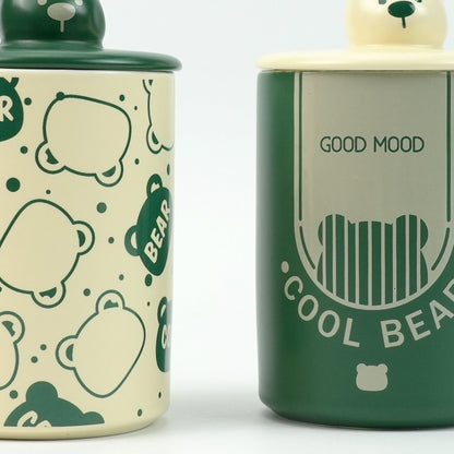 2X High-Fired Ceramic Porcelain Mug Set with Lid 400ml - Bear Design, Green