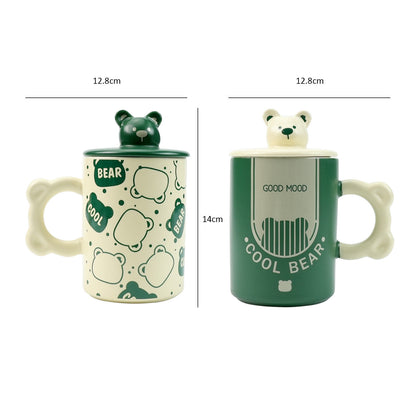 2X High-Fired Ceramic Porcelain Mug Set with Lid 400ml - Bear Design, Green
