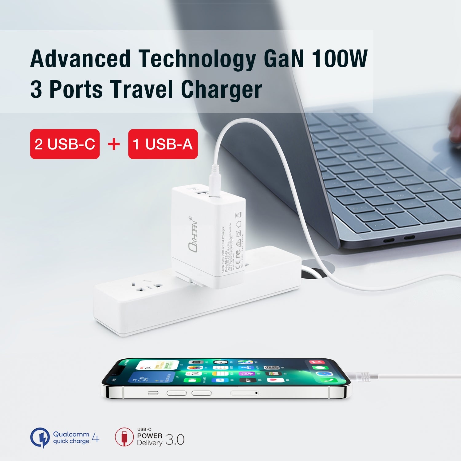 Oxhorn 100W GaN Fast Charger, PD3.0, 3-Port, Compact, Worldwide Compatible - SuperSaverAU - view 5