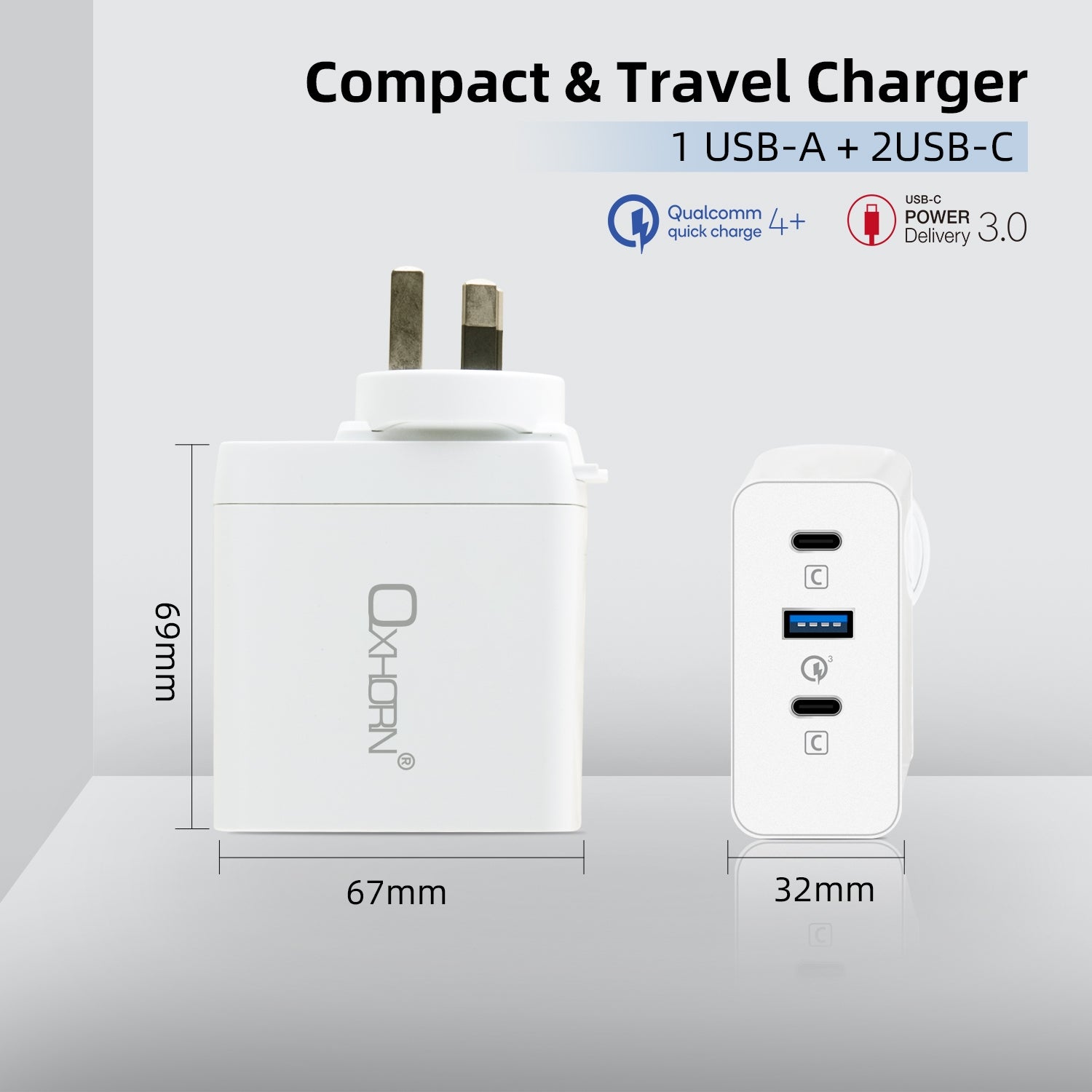Oxhorn 100W GaN Fast Charger, PD3.0, 3-Port, Compact, Worldwide Compatible - SuperSaverAU - view 6