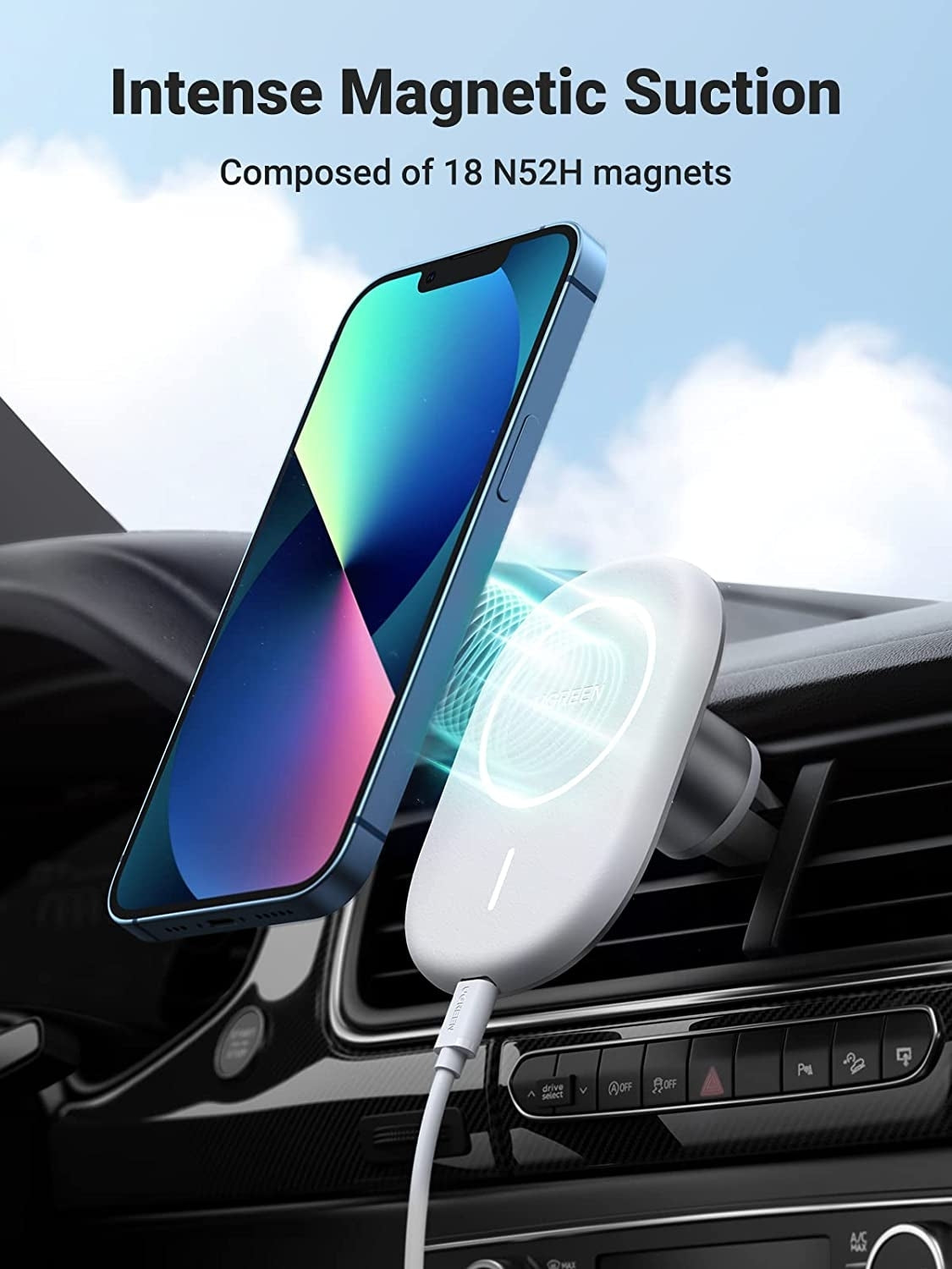 UGREEN Magnetic Wireless Car Charger for iPhone 13/12 - 7.5W Fast Charging, Strong Hold - SuperSaverAU - view 2