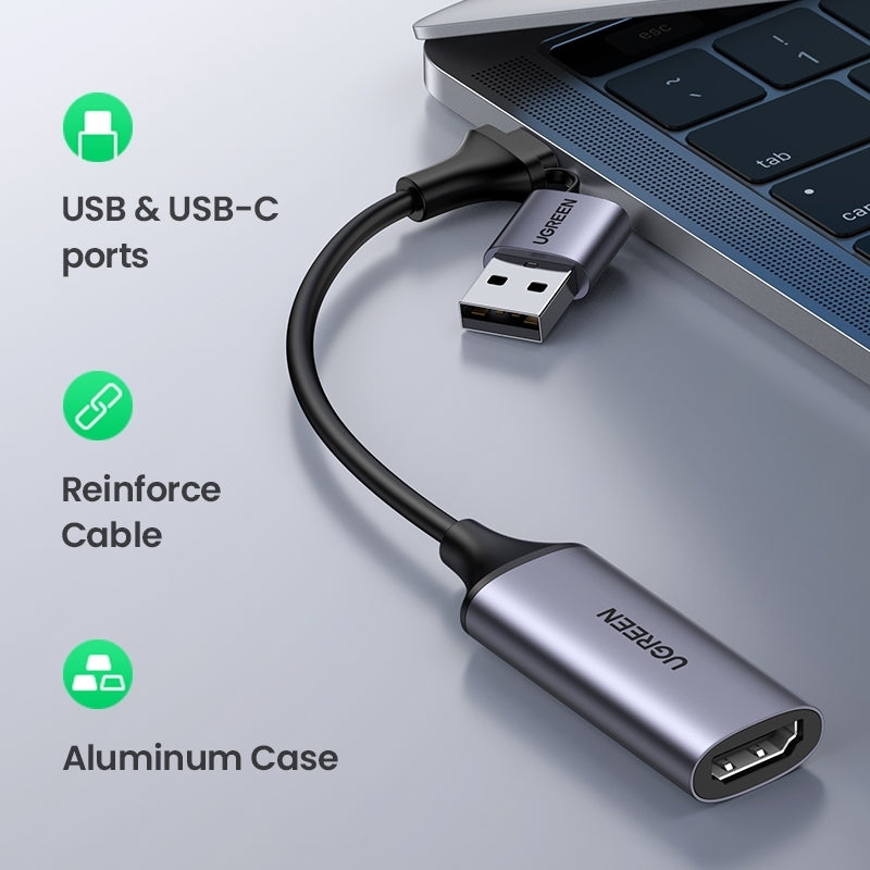 UGREEN USB-C to HDMI 2 in 1 HD Video Capture Card, 1080P/30Hz, Plug & Play